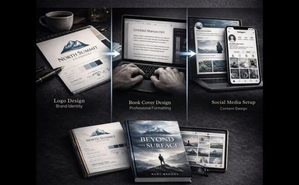 Author branding system showing book cover design, author website development and social media marketing for writers