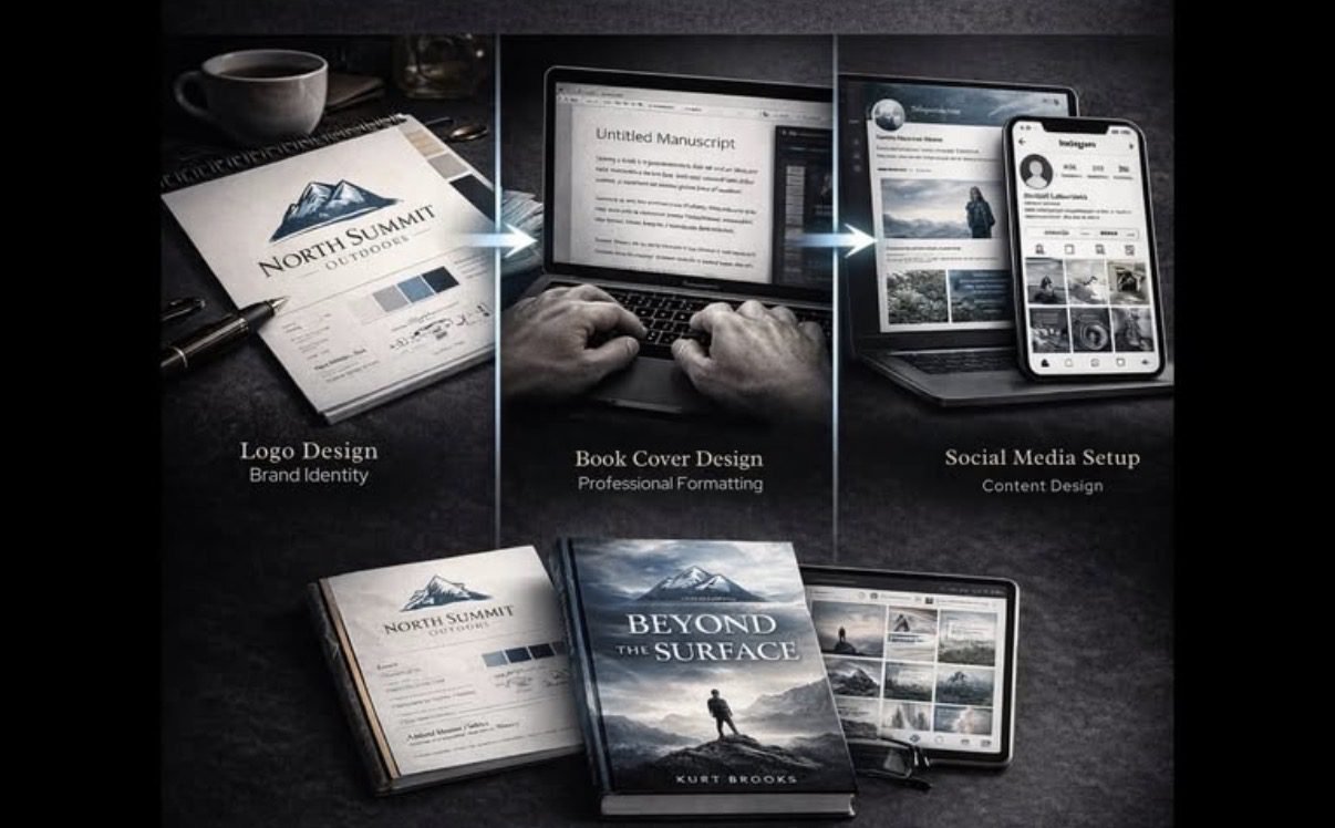 Author branding system showing book cover design, author website development and social media marketing for writers