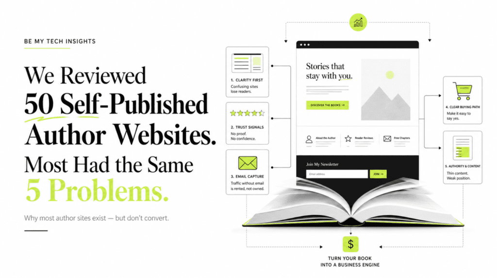 Illustration of an open book transforming into an author website platform, highlighting the 5 common problems found across self-published author websites, including clarity, trust signals, email capture, buying path, and authority content.