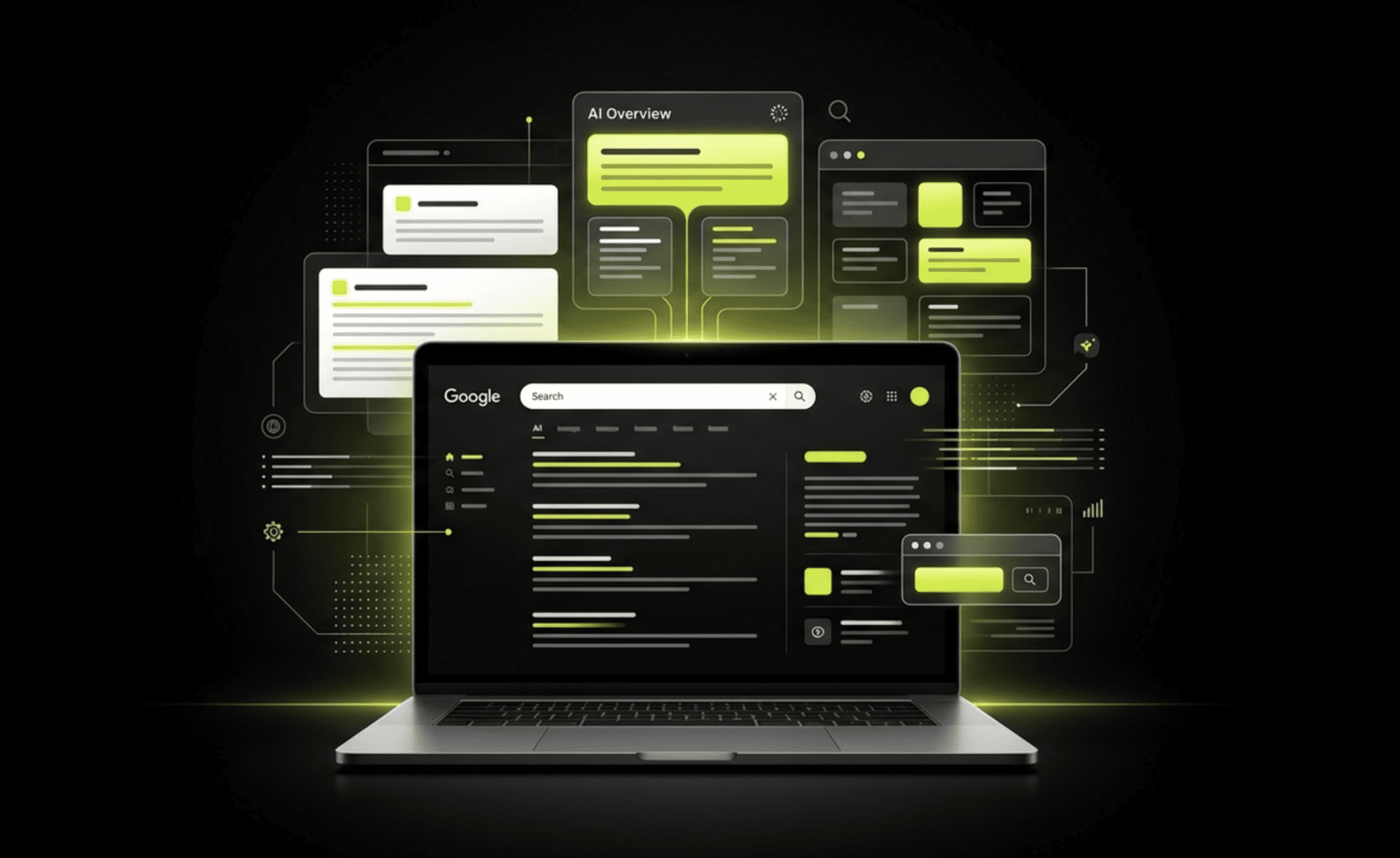 Laptop displaying a Google-style search page with AI Overview cards and highlighted results on a black background.