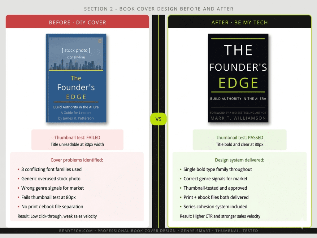 Book cover before and after comparison showing transformation from generic DIY cover to professional, high-converting design for authors in 2026