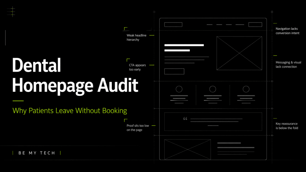 Dental homepage audit banner showing a clinic website wireframe with annotations highlighting weak messaging, early CTA placement, and low proof visibility