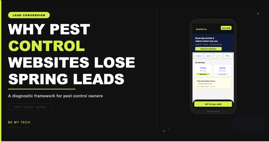 Featured image for a Be My Tech blog article showing bold text about why pest control websites lose spring leads, alongside a smartphone mockup displaying a pest-control website with a call-now button.