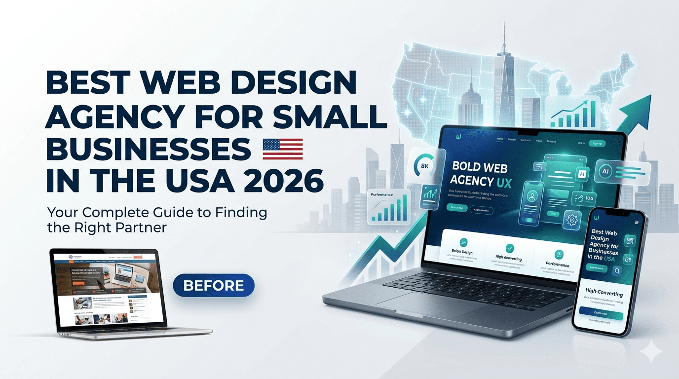 Professional hero banner for 'Best Web Design Agency for Small Businesses in the USA 2026' guide featuring modern laptop and mobile mockups with AI-integrated UX, ADA compliance icons, and a subtle American skyline background.