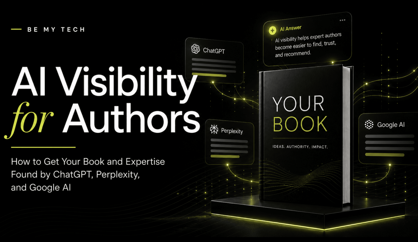AI Visibility for Authors blog banner showing a black book labeled “Your Book” connected to ChatGPT, Perplexity, and Google AI interface cards, with Be My Tech branding and neon green visual accents.