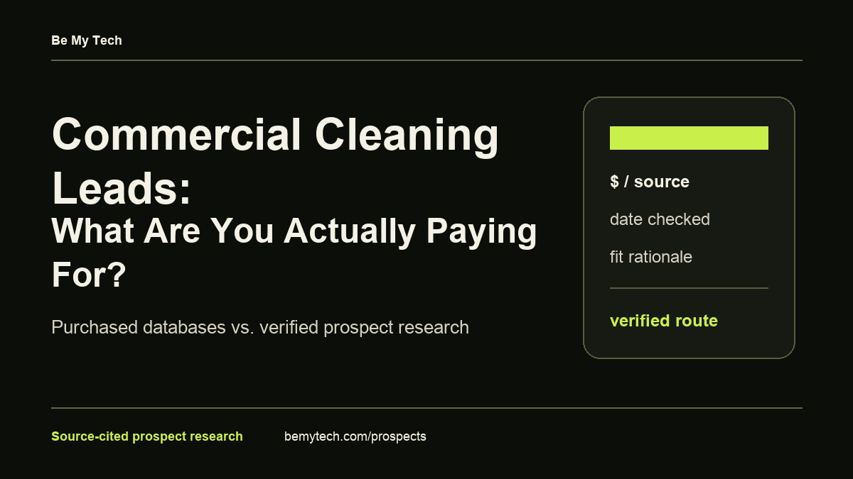 Commercial cleaning leads cost comparison showing source, date checked, fit rationale, and verified route