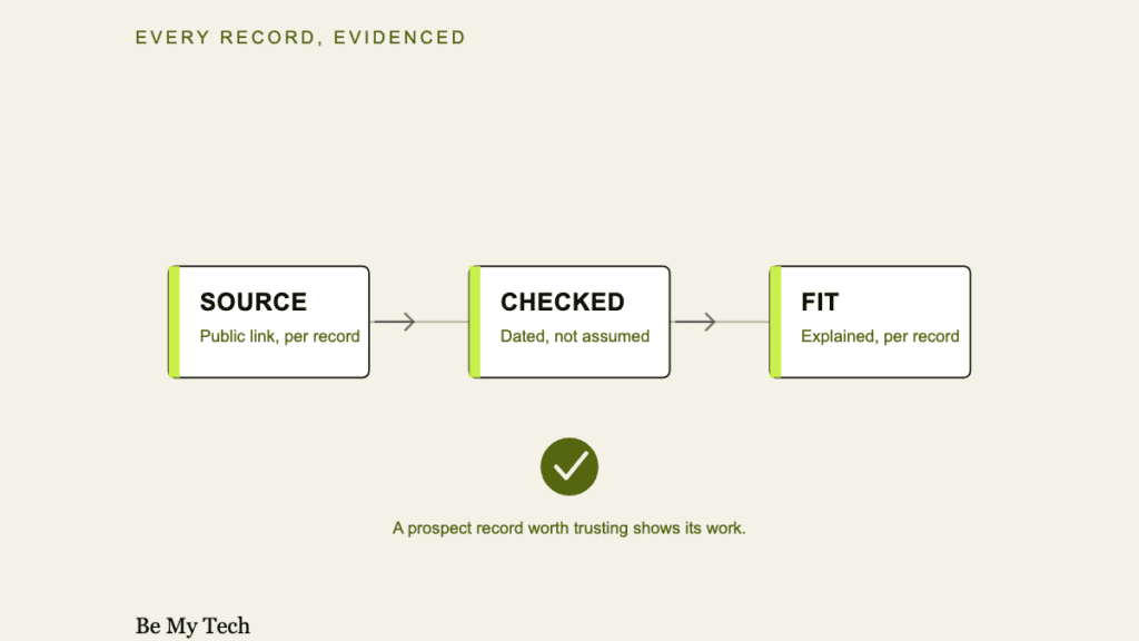Source Ledger illustration showing the source, checked date, fit reason, and contact status used to evaluate a prospect record.