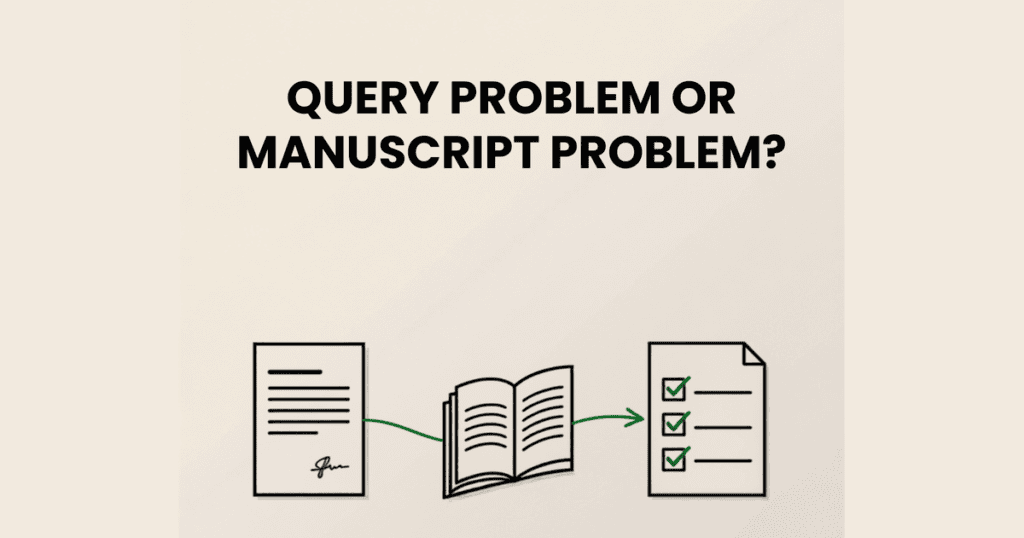 A signed query letter, an open manuscript, and a checklist connected by a single line, representing the path from query problem to manuscript diagnosis.