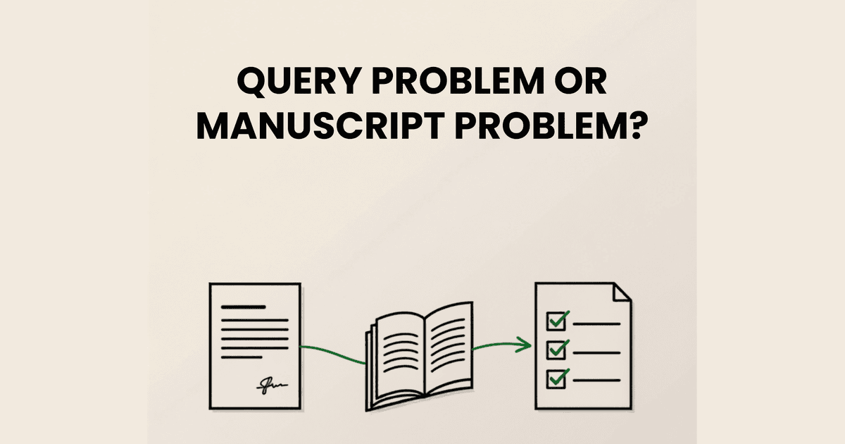 A signed query letter, an open manuscript, and a checklist connected by a single line, representing the path from query problem to manuscript diagnosis.
