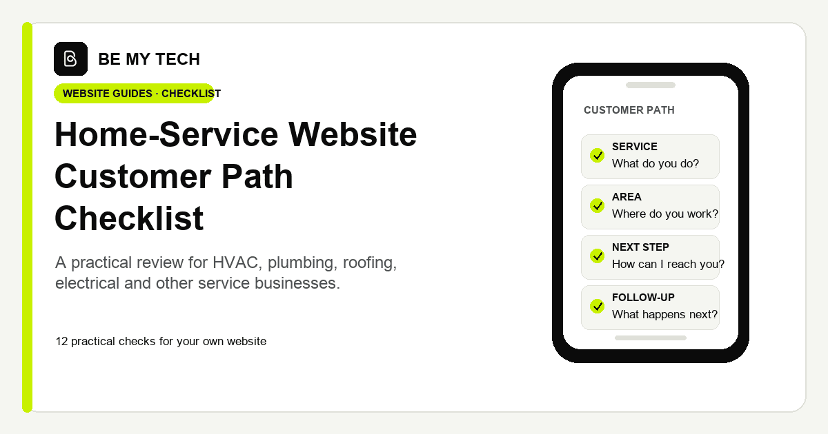BMT checklist cover showing service, area, next step, and follow-up in a phone interface.
